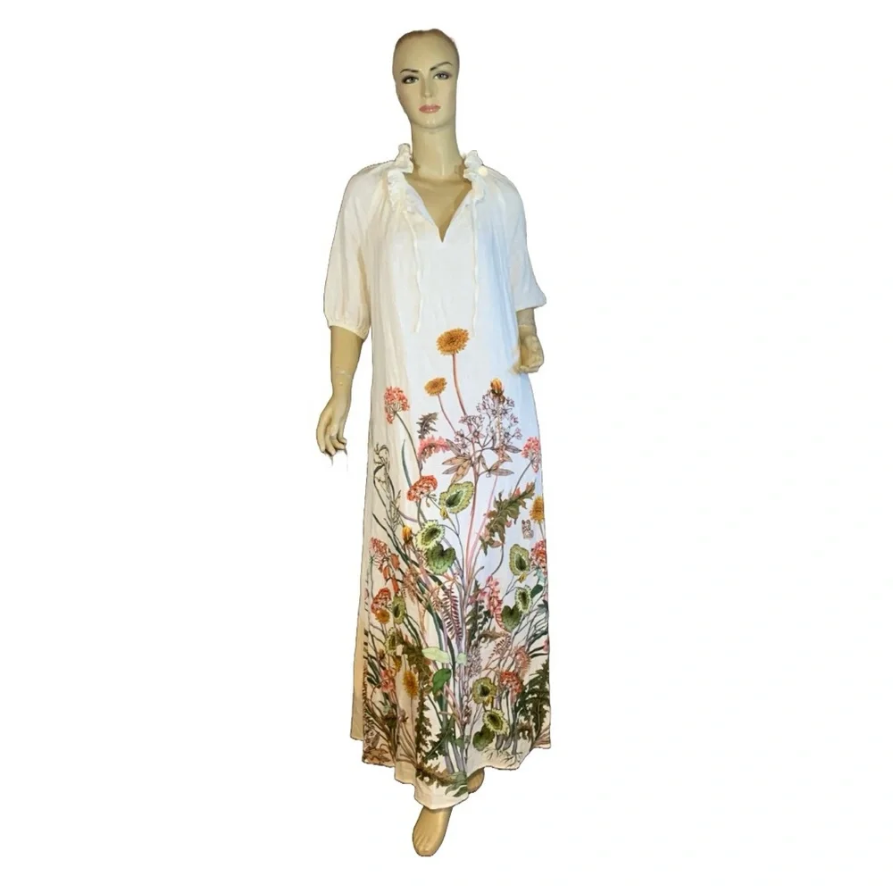 I.N.C. CREAM & GREEN BOTANICAL PRINT KAFTAN STYLE MAXI DRESS NWT (M) - Picture 2 of 13